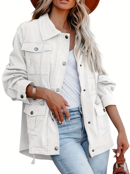 vlovelaw  Button Flap Pockets Drawstring Jacket, Casual Long Sleeve Jacket For Fall & Winter, Women's Clothing