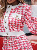 Houndstooth Print Elegant Two-piece Set, Button Front Long Sleeve Tops & Bag Hip Mini Skirts Outfits, Women's Clothing