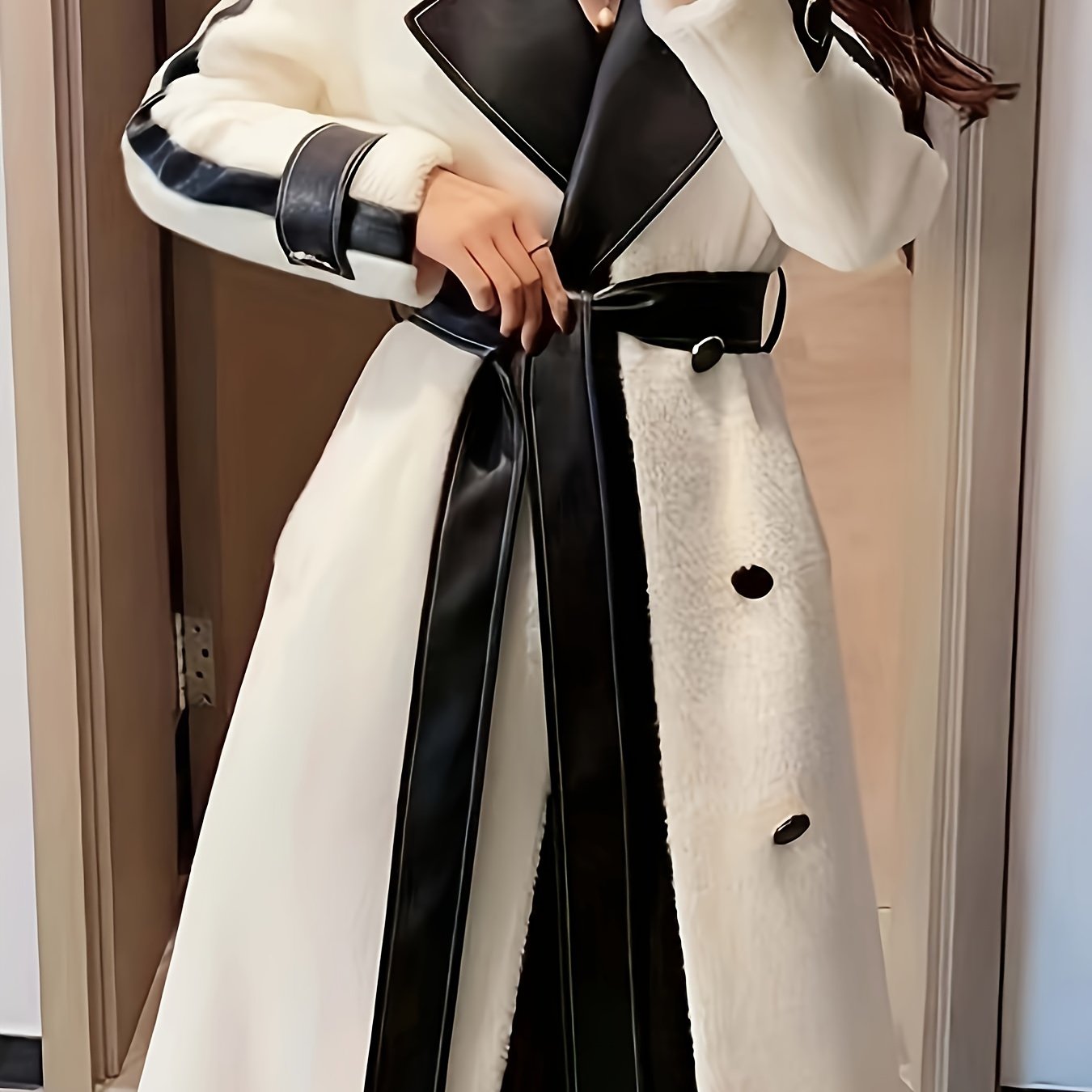 vlovelaw  Color Block Lapel Collar Belted Coat, Elegant Long Sleeve Plush Warm Outerwear, Women's Clothing