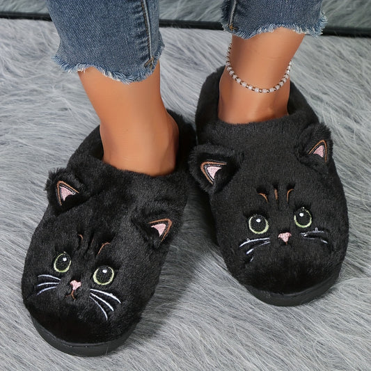 Cute Cartoon Cat Fuzzy Slippers, Creative Closed Toe Soft Sole Plush Flat Shoes, Winter Warm Home Slippers