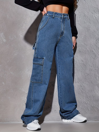 vlovelaw  Blue Flap Pockets Cargo Pants, Loose Fit Non-Stretch Y2K & Kpop Carpenter Jeans, Women's Denim Jeans & Clothing