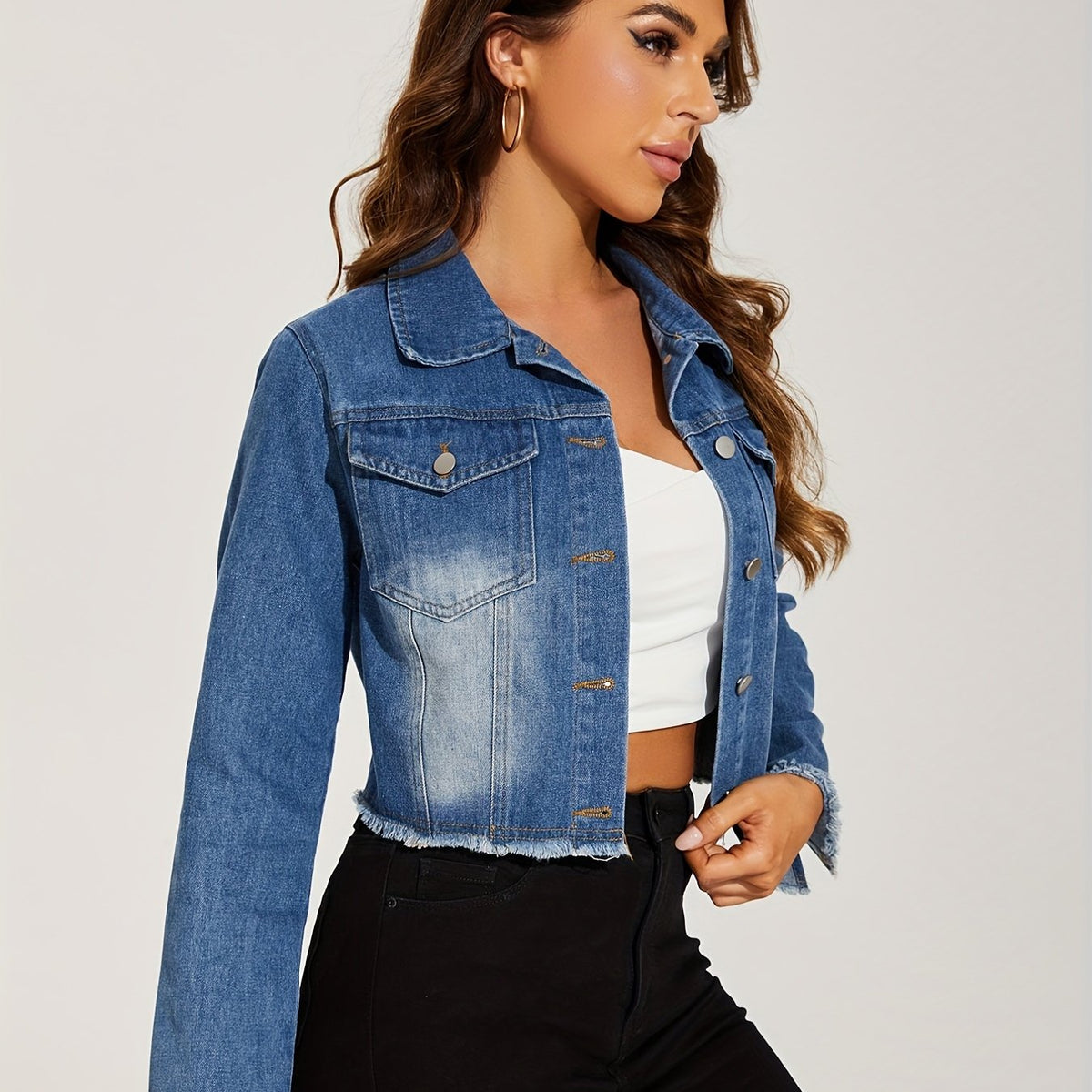 vlovelaw  Blue Frayed Trim Denim Jackets, Long Sleeves Single-Breasted Button Lapel Denim Coats, Women's Denim Clothing