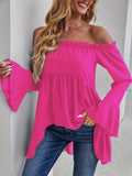 vlovelaw  Dipped Hem Ruffle Trim Blouse, Casual Off Shoulder Solid Long Sleeve Blouse, Women's Clothing