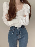 vlovelaw  Ruffle Trim Queen Anne Neck Blouse, Chic Puff Sleeve Cinched Waist Crop Blouse For Spring & Fall, Women's Clothing