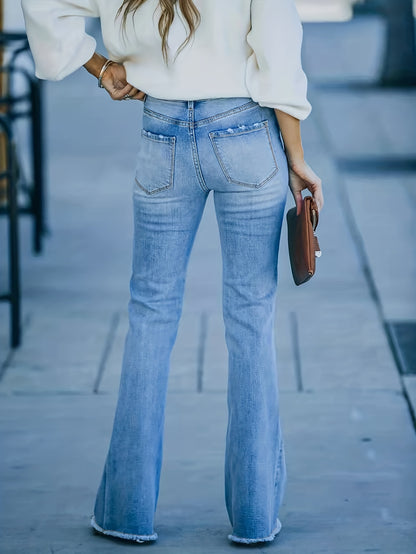 Raw Hem Denim Flare Leg Jeans, Light Blue Slash Pockets Bell Bottom Wide Leg Denim Pants, Women's Denim Jeans & Clothing