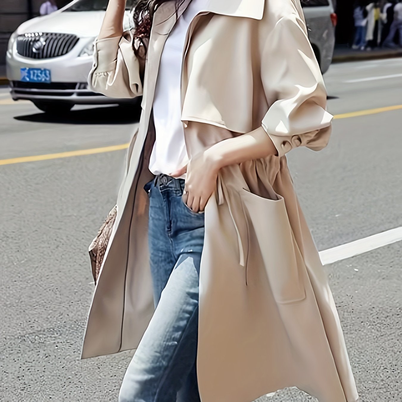 vlovelaw  Solid Color Open Front Trench Coat, Vacation Drawstring Lapel Neck Side Pockets Long Sleeve Coat, Women's Clothing