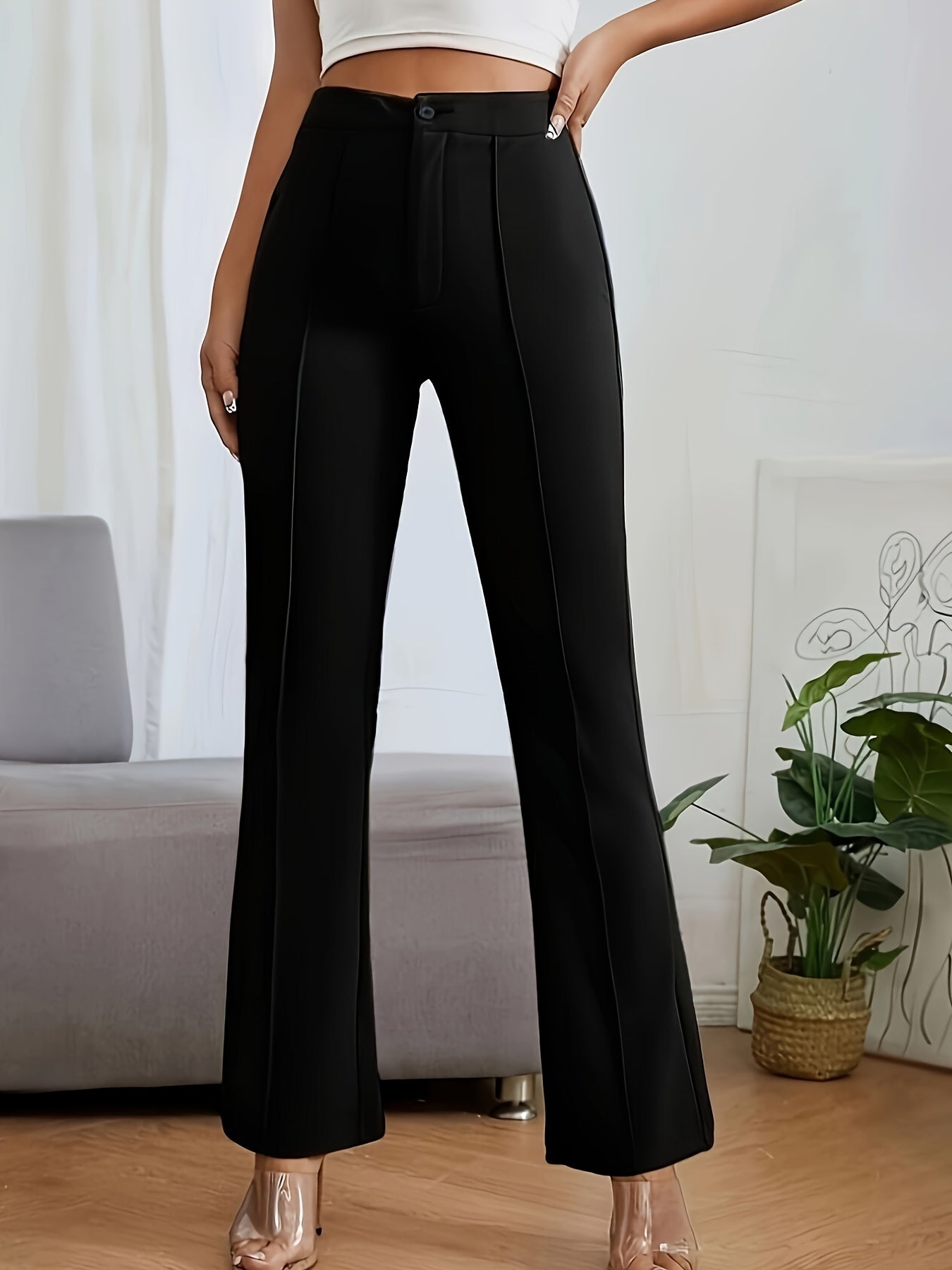 vlovelaw  Solid Color Straight Leg Pants, Elegant High Waist Pockets Pants For Spring & Fall, Women's Clothing