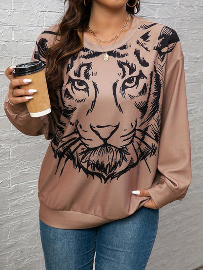 vlovelaw Plus Size Casual Sweatshirt, Women's Plus Tiger Print Long Sleeve Round Neck Medium Stretch Pullover Top