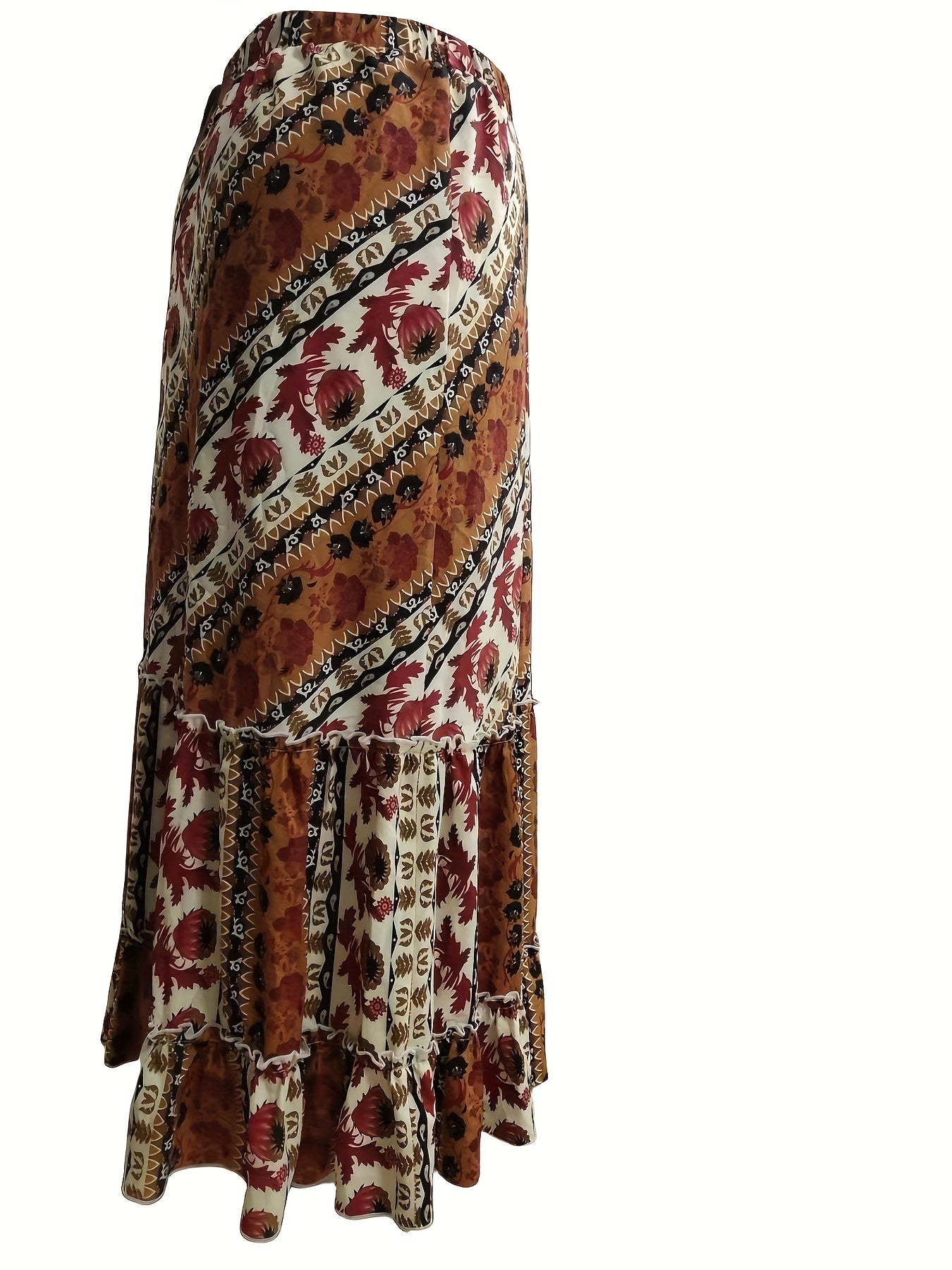 Plus Size Retro Skirt, Women's Plus Tribal Print Ruffle Trim Pleated Smock Maxi Skirt