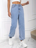 vlovelaw  Double Button Elastic Hem Jeans, Plain Washed Blue Sporty Denim Pants, Women's Denim Jeans & Clothing