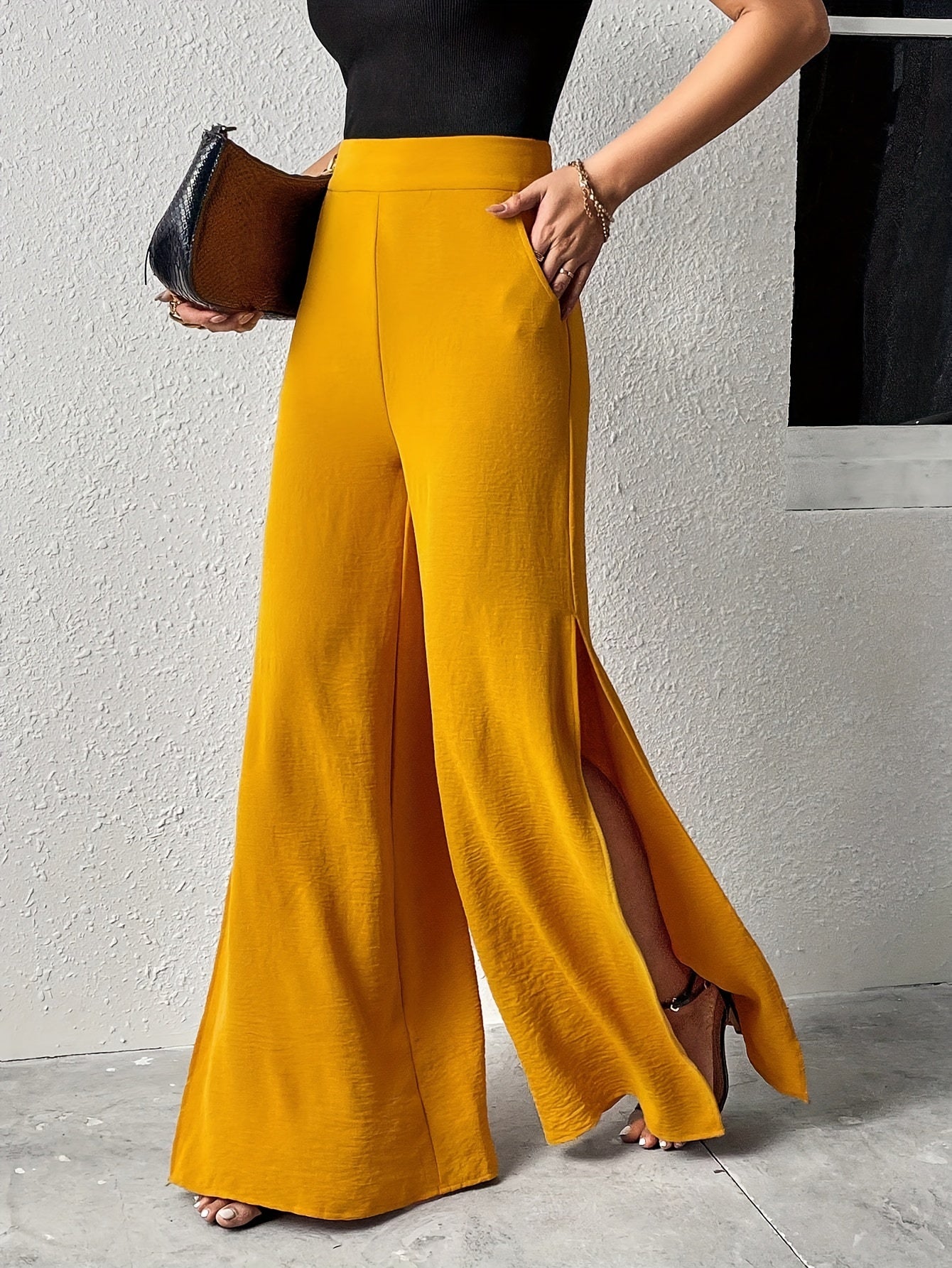 Solid Split Wide Leg Pants, Casual High Waist Slant Pocket Pants, Women's Clothing