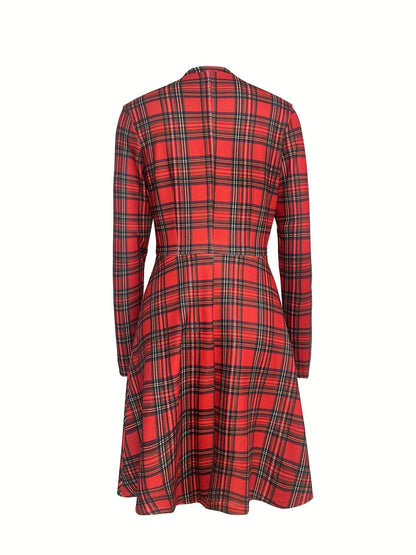 vlovelaw Plaid Print Crew Neck Dress, Elegant Long Sleeve Dress For Spring & Fall, Women's Clothing