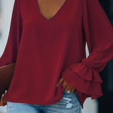 Plus Size Casual Top, Women's Plus Solid Layered Ruffle Trim Lantern Sleeve V Neck Slight Stretch Top