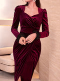 Solid Color Split Wrap Dress, Elegant Long Sleeve Dress For Party & Banquet, Women's Clothing