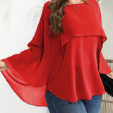 vlovelaw  Plus Size Elegant Blouse, Women's Plus Solid Layered Mesh Batwing Sleeve Round Neck Shirt Top