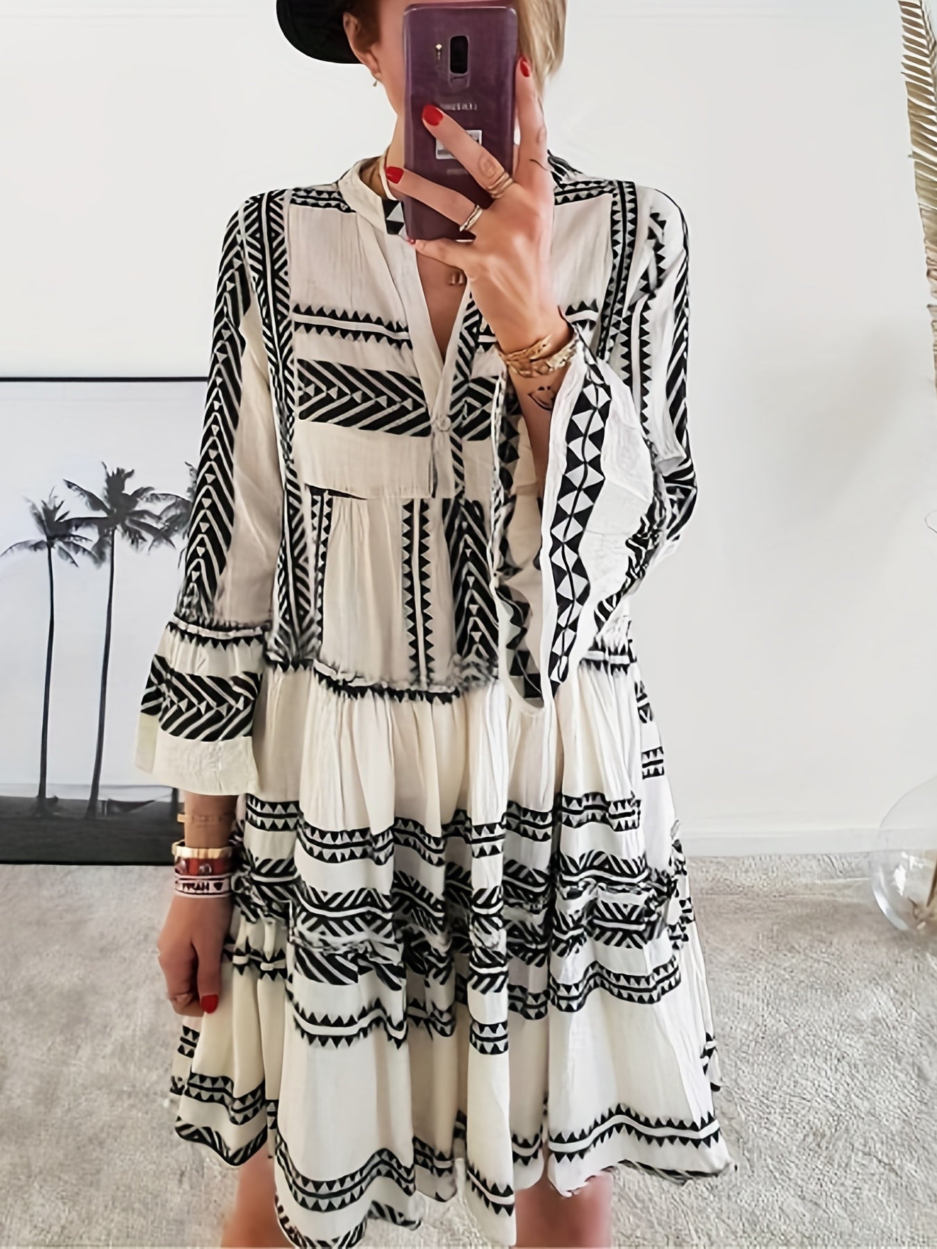 vlovelaw  Tribal Print Dress, Vacation Pleated Flared Sleeve Dress, Women's Clothing