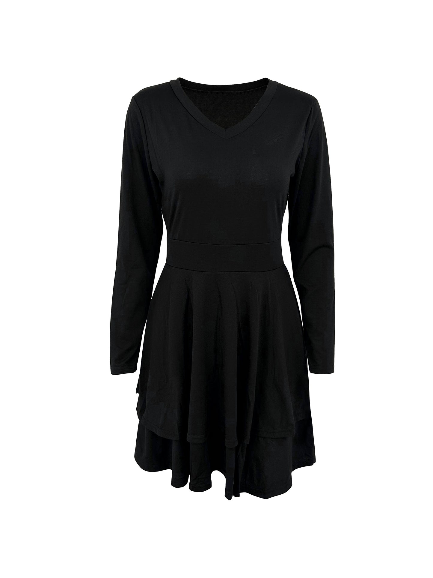 vlovelaw  Layered Solid Dress, Casual V Neck Long Sleeve Ruffle Mini Dress, Women's Clothing