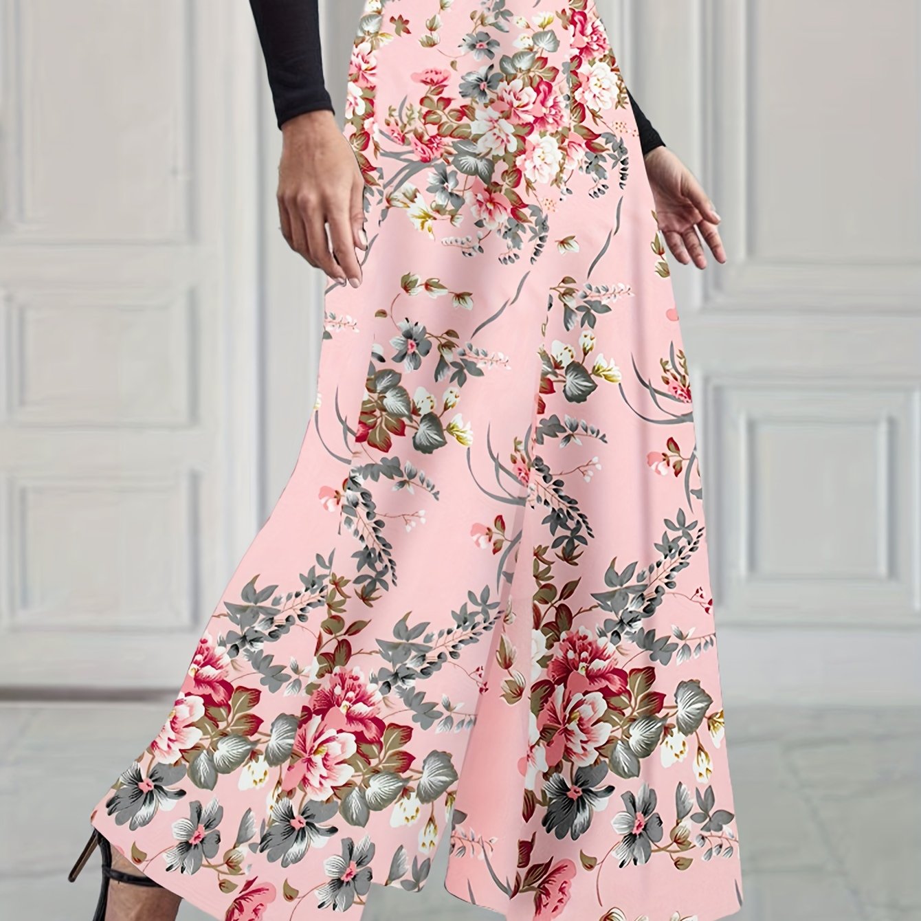 vlovelaw  Floral Print Wide Leg Pants, Elegant High Waist Flowy Pants, Women's Clothing