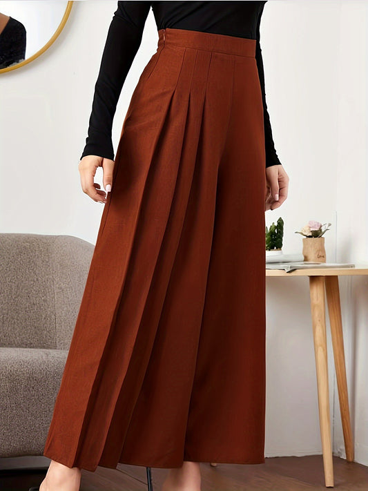 vlovelaw  Solid Pleated Wide Leg Pants, Elegant High Waist Palazzo Pants, Women's Clothing