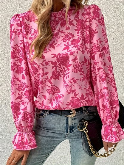 vlovelaw  Floral Print Ruffle Trim Blouse, Casual Crew Neck Long Sleeve Blouse, Women's Clothing