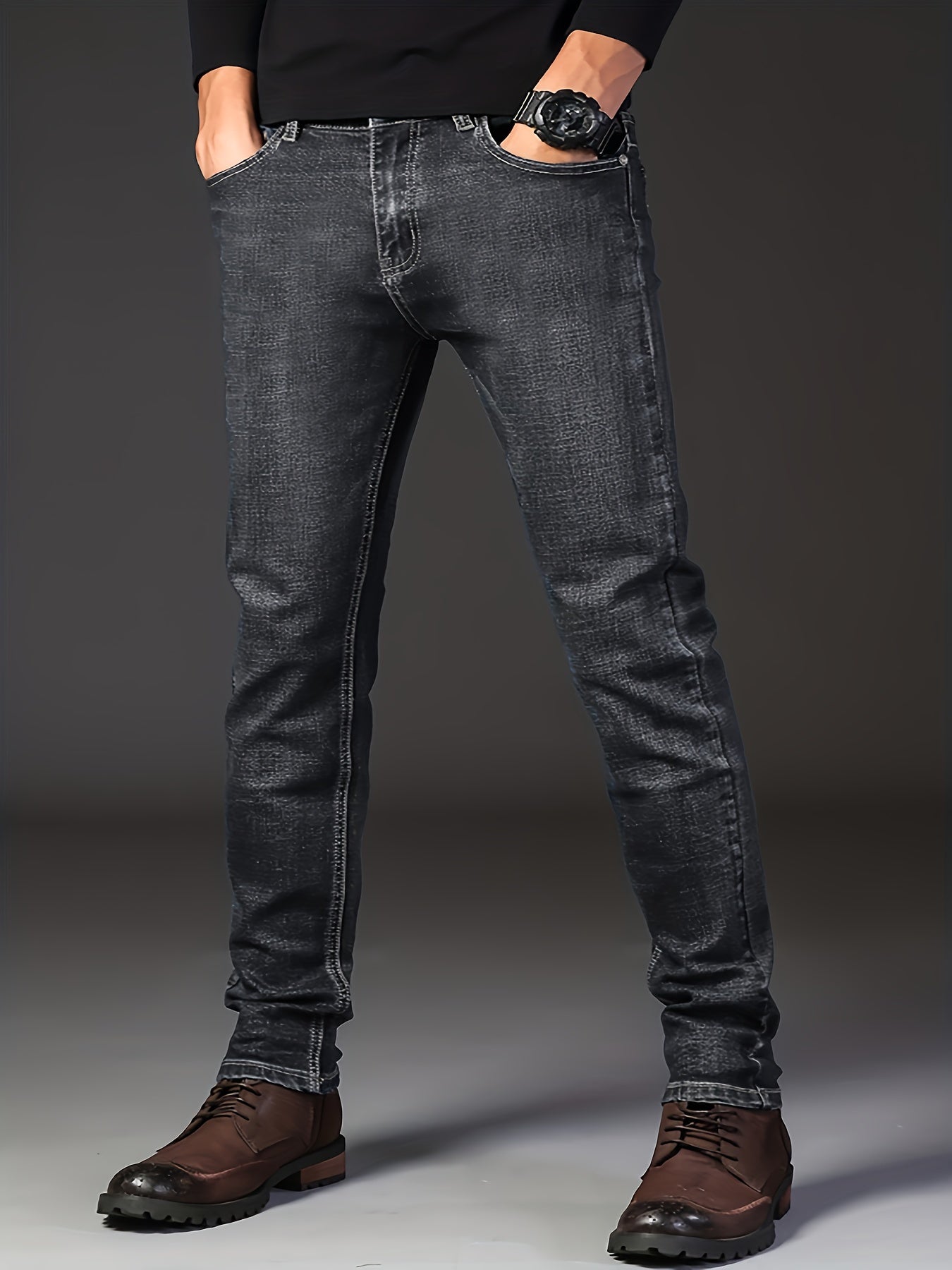 vlovelawClassic Design Semi-formal Jeans, Men's Casual Stretch Denim Pants For All Seasons Business