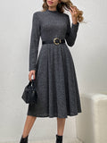 Solid Mock Neck Aline Dress, Elegant Long Sleeve Dress For Spring & Fall, Women's Clothing