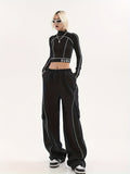 Y2K Striped Drawstring Pants, Baggy Long Length Wide Leg Pants, Women's Clothing