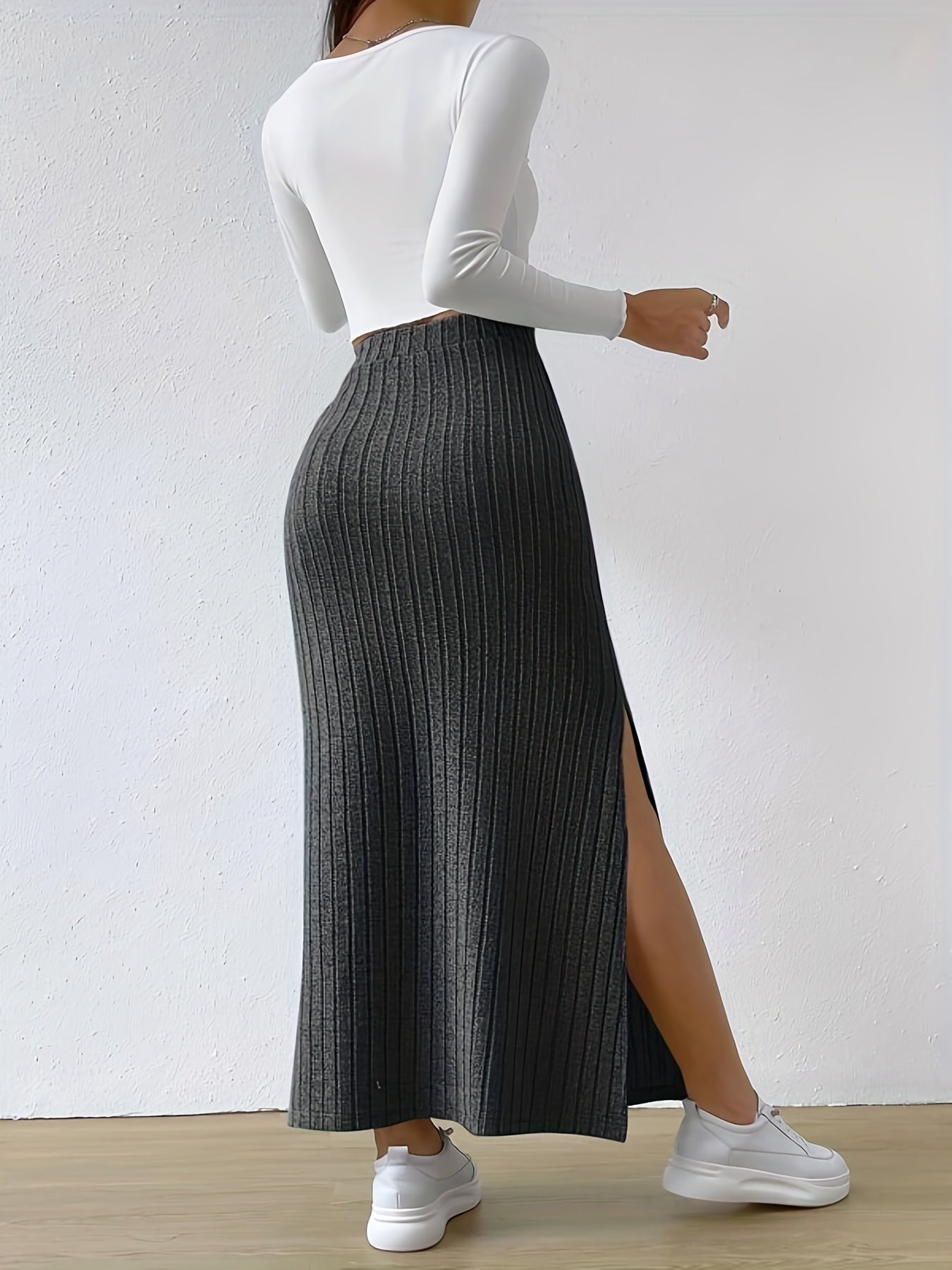 vlovelaw  Ribbed Slit Hem Skirt, Casual Ankle Length Skirt For Spring & Summer, Women's Clothing