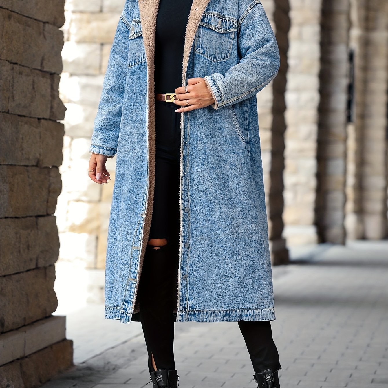 vlovelaw  Plain Fleece Liner Long Denim Coat, Long Sleeves Drop Shoulder Casual Denim Jackets, Women's Denim Clothing