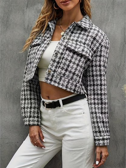 Plaid Pattern Cropped Jacket, Casual Button Front Long Sleeve Outerwear, Women's Clothing