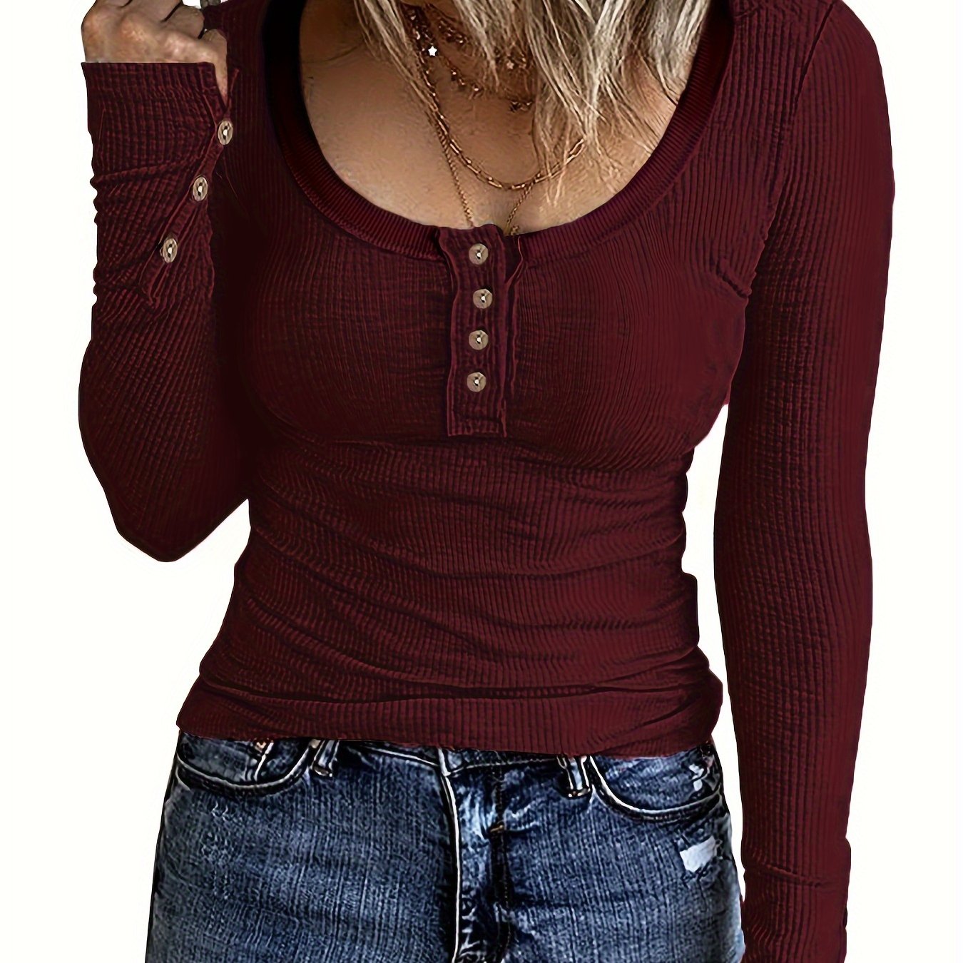 Casual Button Scoop Neck T-shirt, Loose Long Sleeve Slim Fit Fashion T-Shirts Tops, Women's Clothing