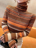 vlovelaw  Stripes Print Turtle Neck Pullover Sweater, Elegant Long Sleeve Knitted Sweater For Fall & Winter, Women's Clothing