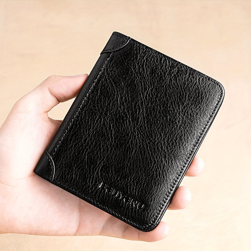 Three-Fold Genuine Leather Mens Wallet - Spacious Card Holder, Durable Top Layer Cowhide, Simple Solid Color Design, Ideal Gift for Men