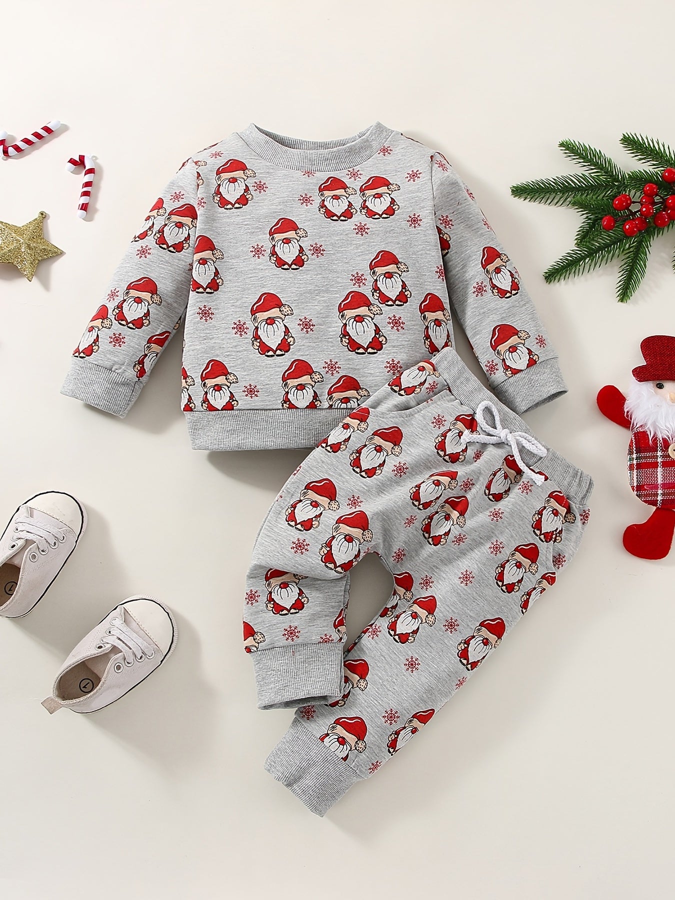 Christmas Baby Boys Cute Allover Santa Claus Print Long Sleeve Sweatshirt Pullover & Long Pants 2pcs Outfit Clothes, Outdoor Cloth