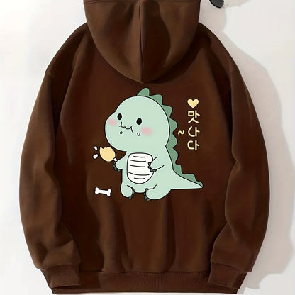 Cartoon Dinosaur Graphic Long Sleeve Fleece Hooded Sweatshirts,  Print Drawstring Sports Hoodie With Front Pocket, Women's Sporty Sweatshirts