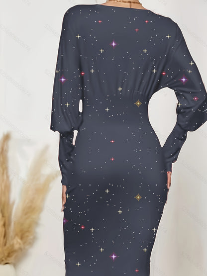 Star Print Batwing Sleeve Slim Dress, Casual Crew Neck Pencil Dress, Women's Clothing