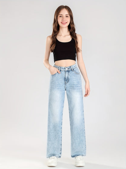 vlovelaw  Teen Girls Trendy Light-Washed High Waist Jeans Wide-Leg Denim Pants, Versatile Trousers For Youth Outwear