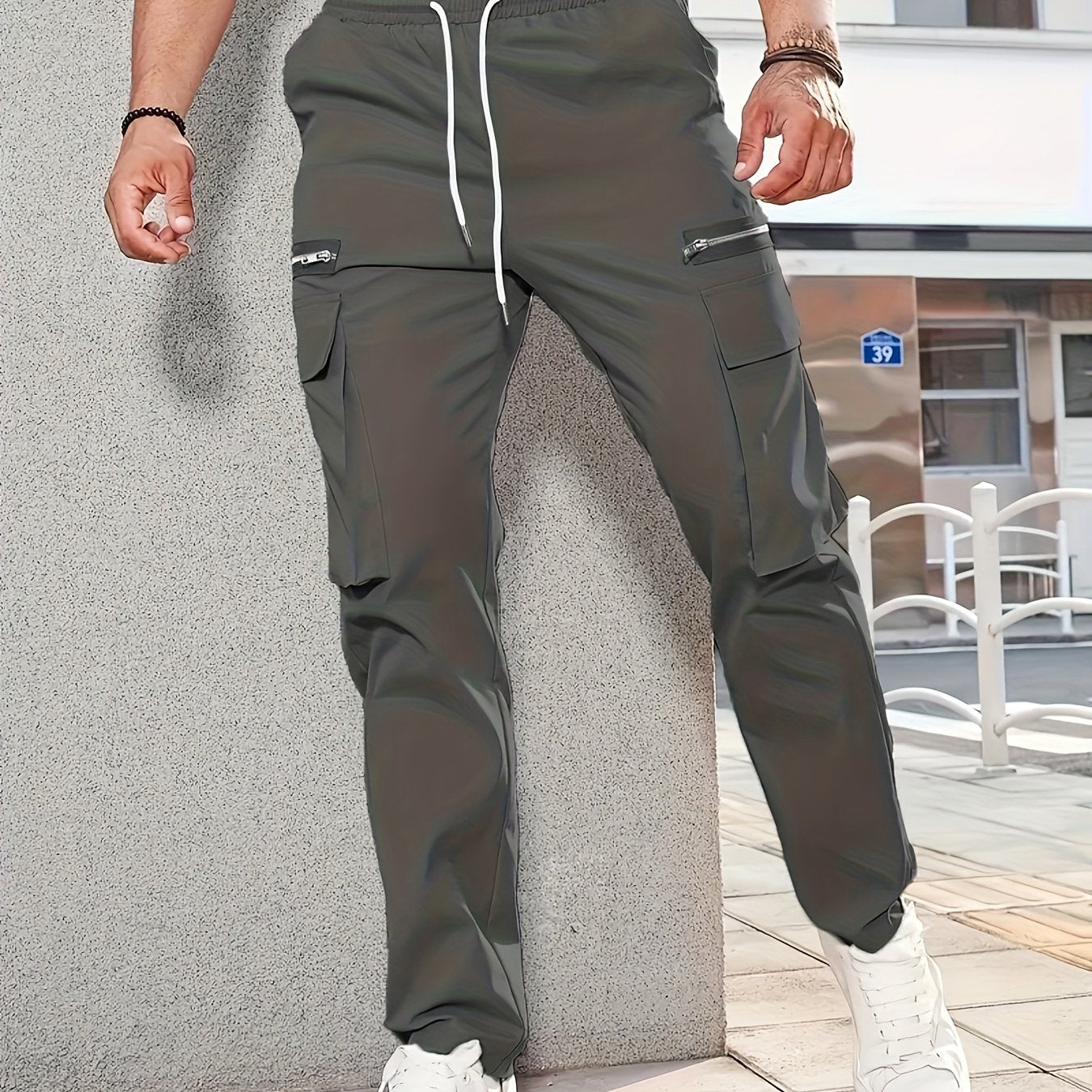 vlovelawMen's  Trendy Solid Tactical Pants, Casual Multi Pockets Trousers For Outdoor