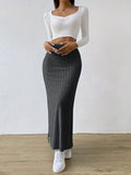 Ribbed Slit Hem Skirt, Casual Ankle Length Skirt For Spring & Summer, Women's Clothing