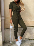 vlovelaw  Y2K Solid Lapel Button Down Short Sleeve Tie Waist Cargo Jumpsuit, Casual Long Length Pockets Rompers Overalls, Women's Clothing