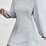 vlovelaw  Solid Color Long Sleeve Ribbed Dress, Casual Turtle Neck Dress For Spring & Fall, Women's Clothing