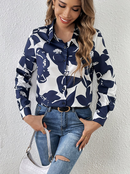 vlovelaw  Floral Print Button Shirt, Casual Long Sleeve Shirt For Spring & Fall, Women's Clothing