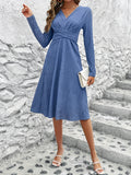 vlovelaw Criss Cross Solid Dress, Elegant Simple V Neck Long Sleeve Dress, Women's Clothing