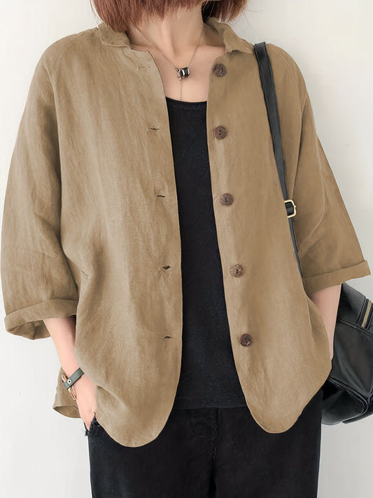 Button Front Jackets, Casual Turn Down Collar Long Sleeve Solid Outerwear For Spring & Summer, Women's Clothing