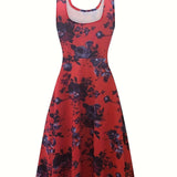 vlovelaw  Plus Size Elegant Dress, Women's Plus Floral Print Round Neck Medium Stretch Tank Dress