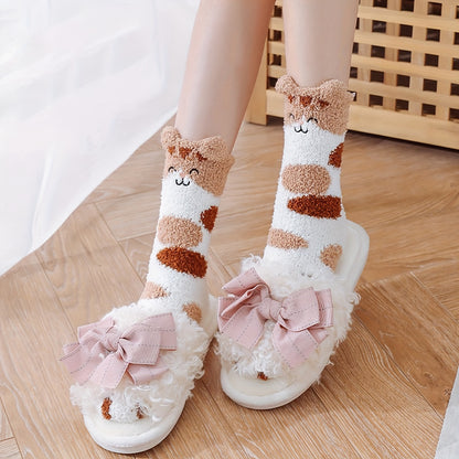 A Pair Of Girl's Cat Paw Pattern Embroidered Crew Socks, Comfy Breathable Casual Fleece Thermal Socks, Winter & Autumn