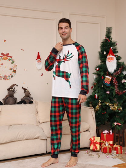 Men's Trendy Casual Christmas Pajamas Sets, Reindeer Plaid Graphic Print Long Sleeve Crew Neck Top & Loose Pants Lounge Wear