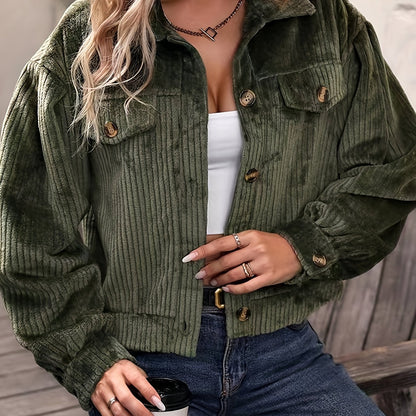 Solid Corduroy Button Front Jacket, Casual Long Sleeve Outwear For Spring & Fall, Women's Clothing