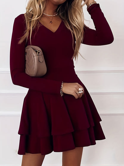 vlovelaw  Layered Solid Dress, Casual V Neck Long Sleeve Ruffle Mini Dress, Women's Clothing