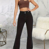 Plain Double Button Wide Leg Jeans, High Rise Mid Strech Street Style Flare Denim Pants, Women's Denim Jeans & Clothing